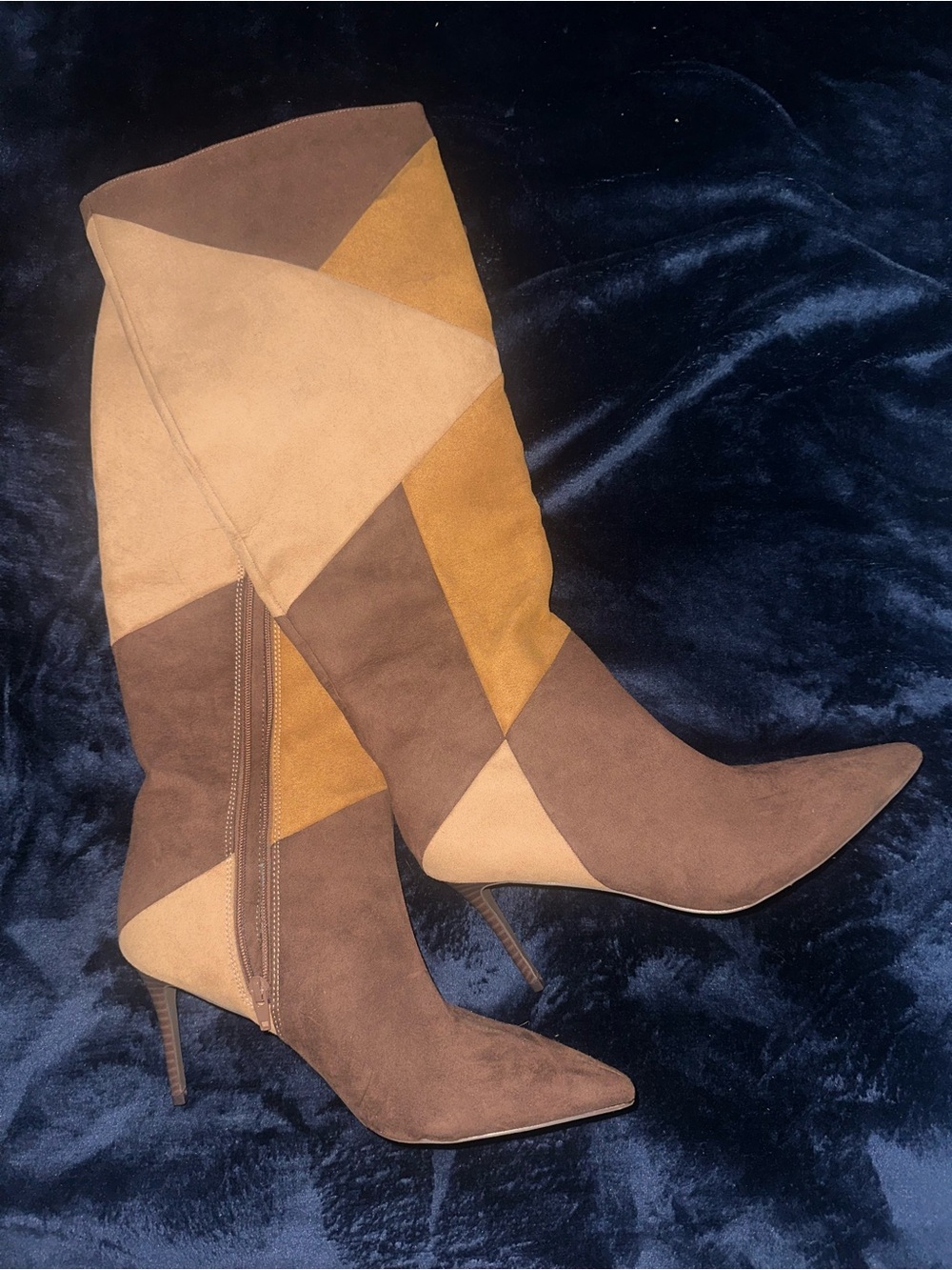 Shoe Dazzle Patchwork Suede Knee Boots - Brown & Tan